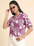 WOMEN'S PURPLE & WHITE FLORAL PRINT LIGHTWEIGHT BUTTON-DOWN SHIRT