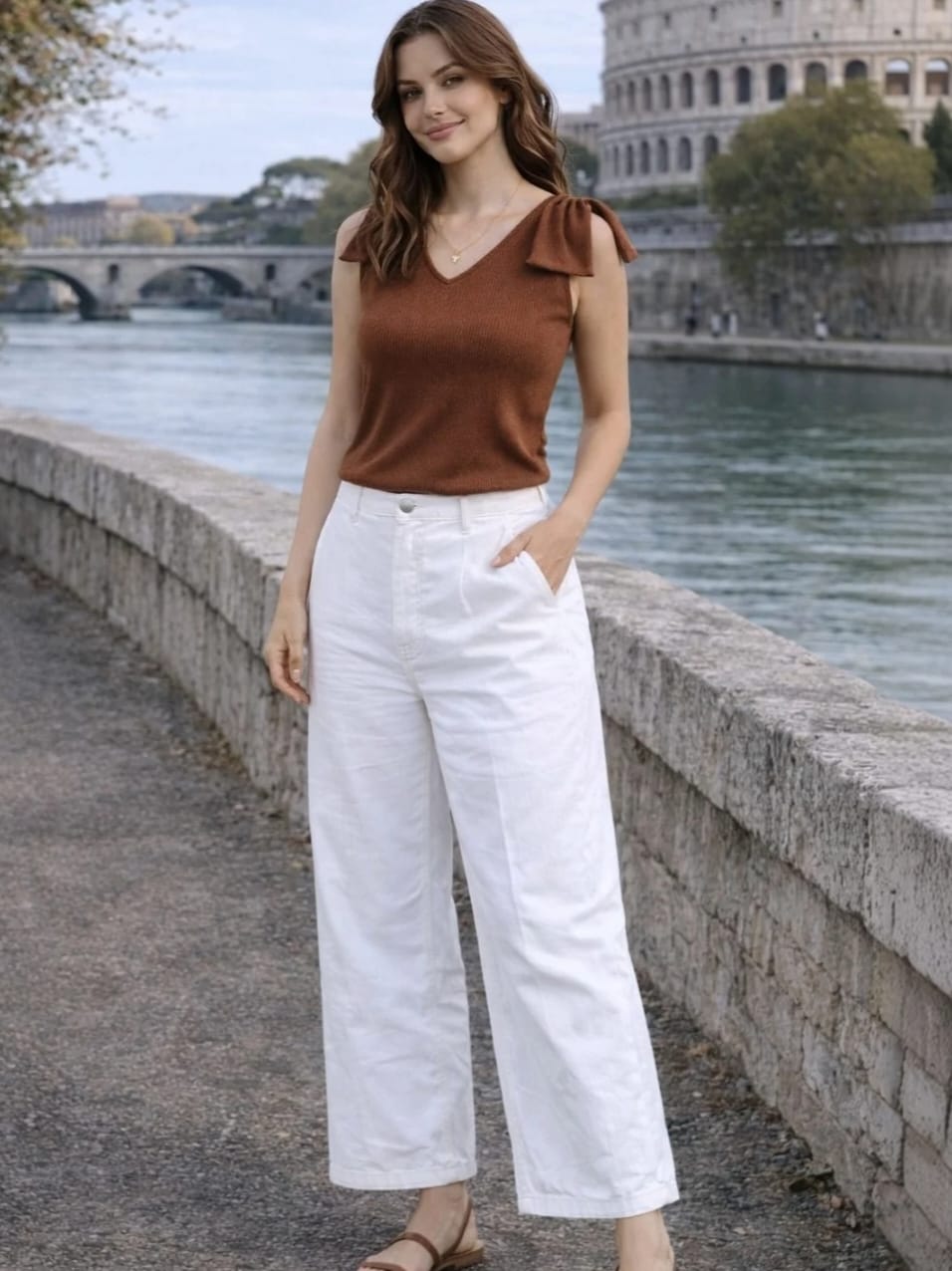 WOMEN'S BROWN RIBBED KNIT SLEEVELESS TOP WITH SHOULDER BOW DETAIL