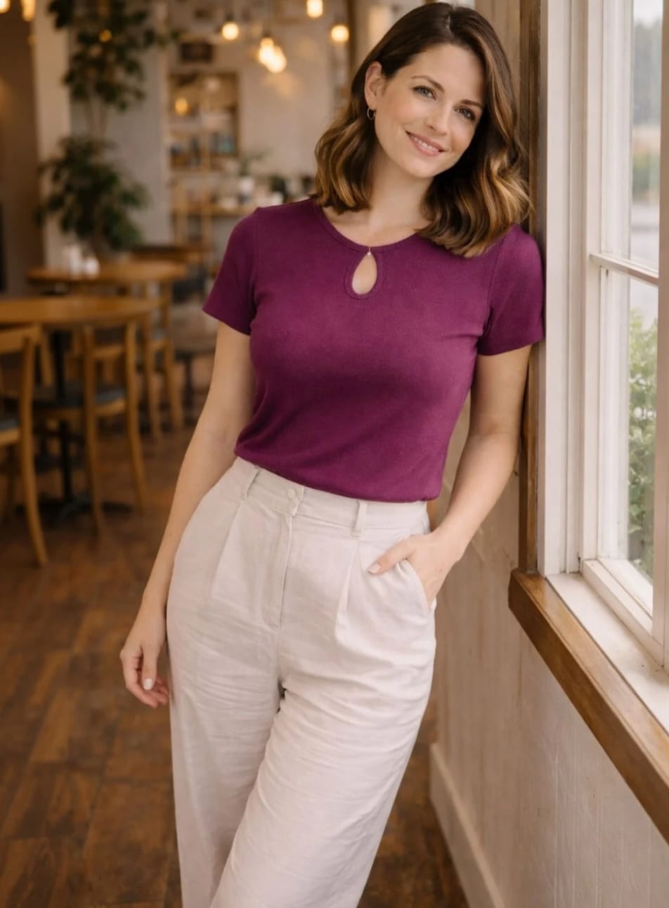 WOMEN'S PLUM RIBBED KNIT KEYHOLE NECK SHORT SLEEVE TOP