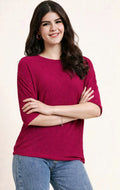 WOMEN'S MAGENTA TEXTURED ROUND NECK BATWING SLEEVE CASUAL TOP