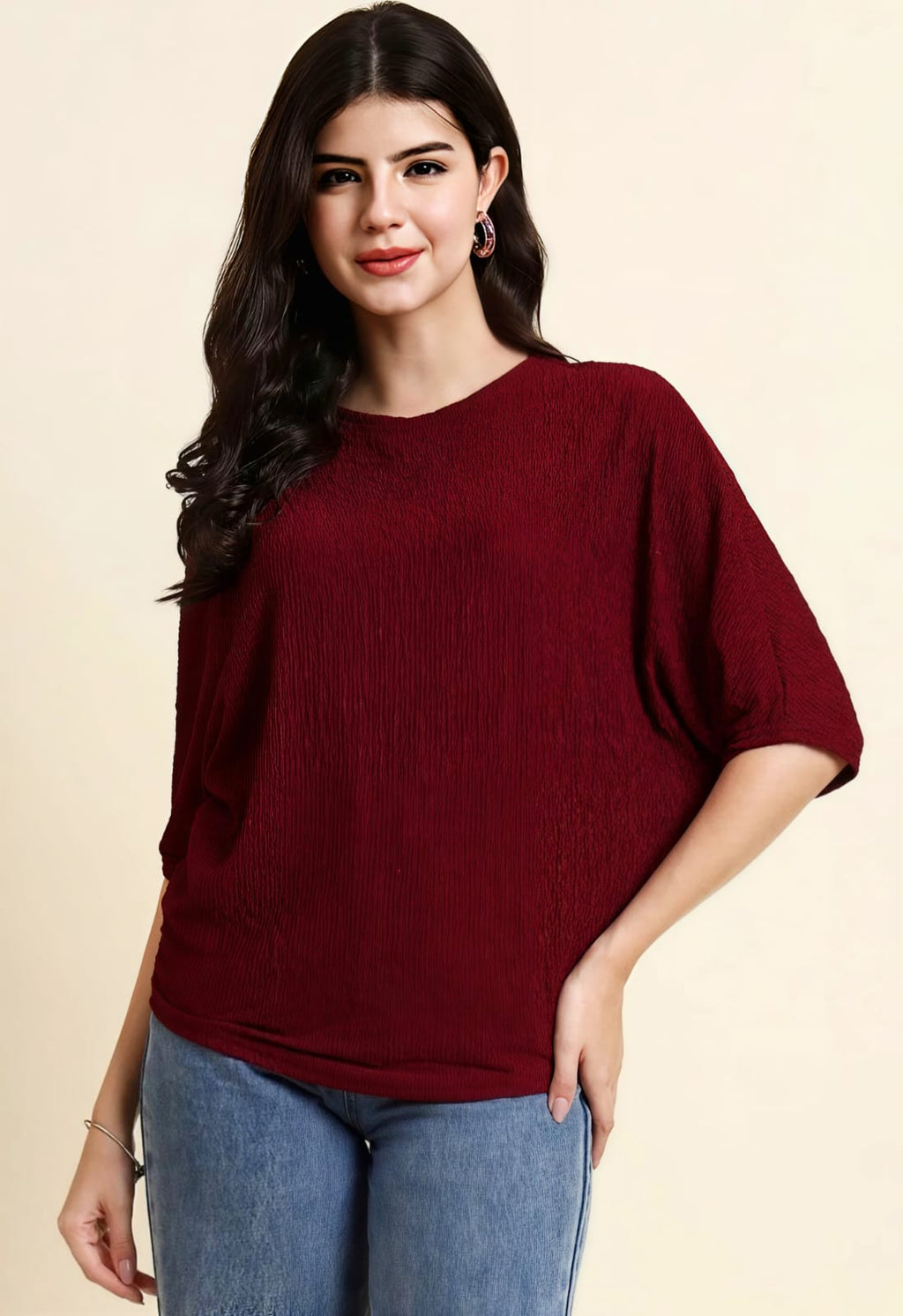 WOMEN'S MAROON TEXTURED ROUND NECK BATWING SLEEVE CASUAL TOP