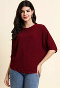 WOMEN'S MAROON TEXTURED ROUND NECK BATWING SLEEVE CASUAL TOP