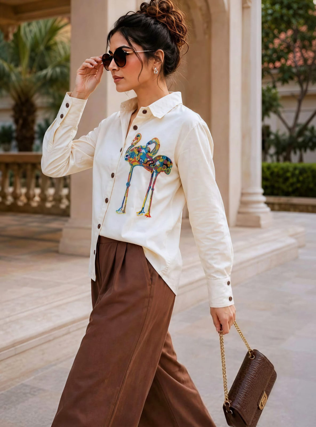 WOMEN'S OFF-WHITE COTTON FLAMINGO EMBROIDERY CASUAL SHIRT