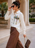 WOMEN'S OFF-WHITE COTTON FLAMINGO EMBROIDERY CASUAL SHIRT