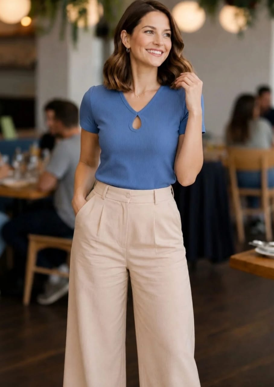 WOMEN'S RUST BROWN RIBBED KNIT KEYHOLE NECK SHORT SLEEVE TOP
