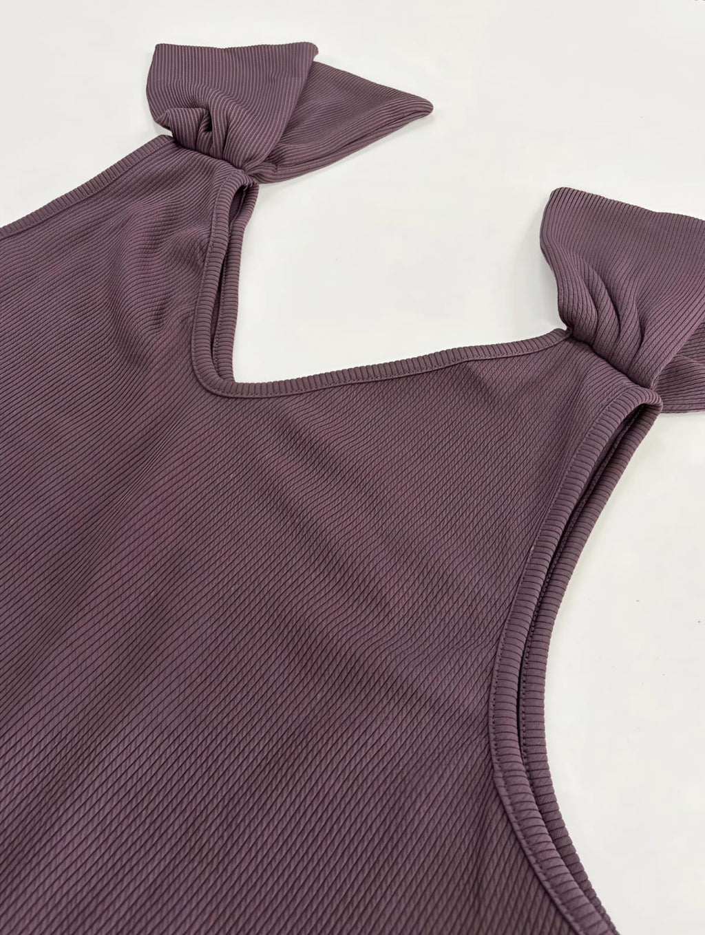 WOMEN'S MAUVE RIBBED KNIT V-NECK BOW SHOULDER SLEEVELESS TOP