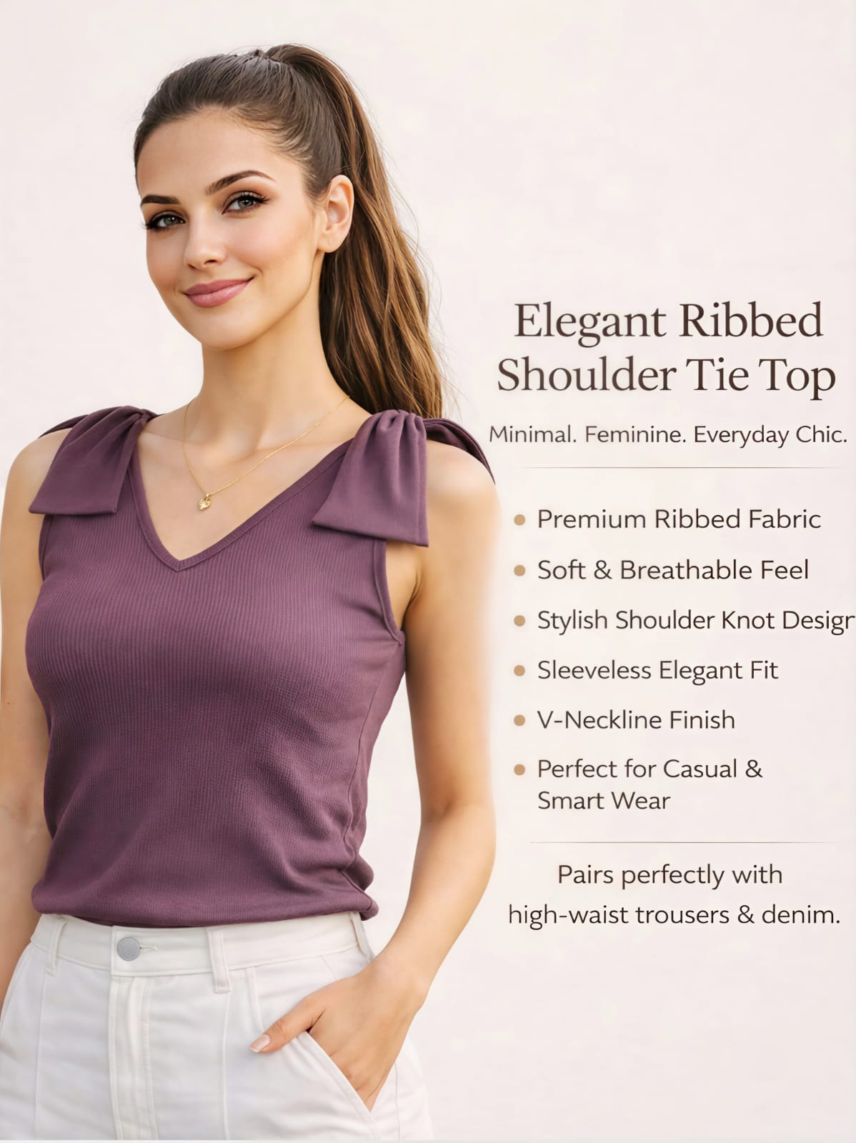 WOMEN'S MAUVE RIBBED KNIT V-NECK BOW SHOULDER SLEEVELESS TOP