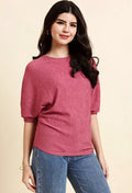 WOMEN'S DUSTY PINK TEXTURED ROUND NECK BATWING SLEEVE CASUAL TOP