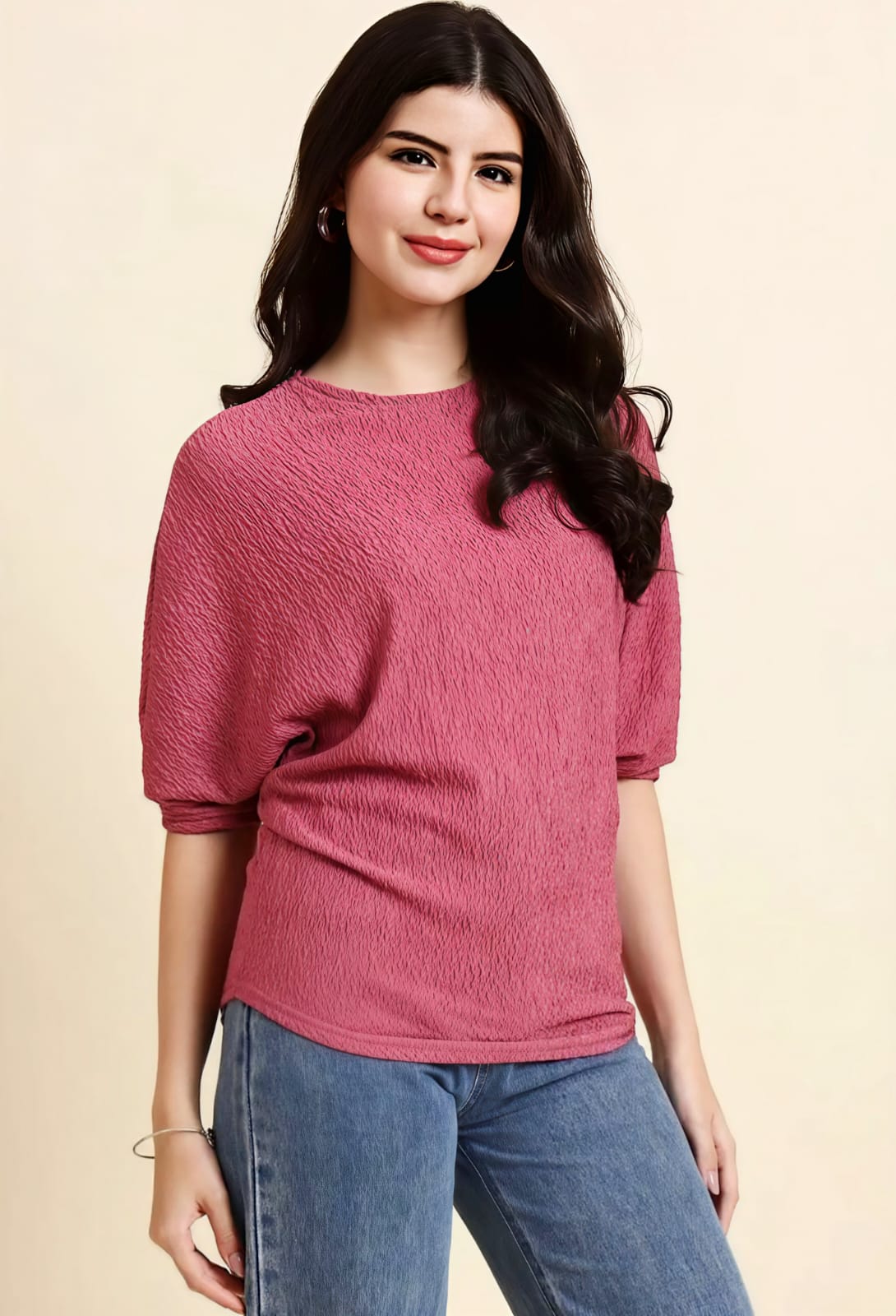 WOMEN'S DUSTY PINK TEXTURED ROUND NECK BATWING SLEEVE CASUAL TOP
