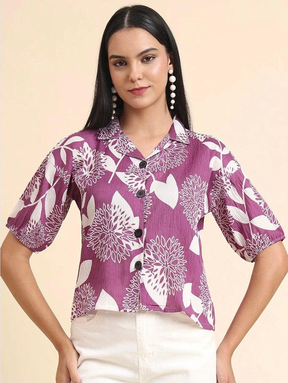WOMEN'S PURPLE & WHITE FLORAL PRINT LIGHTWEIGHT BUTTON-DOWN SHIRT