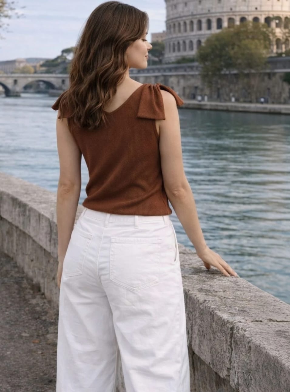 WOMEN'S BROWN RIBBED KNIT SLEEVELESS TOP WITH SHOULDER BOW DETAIL