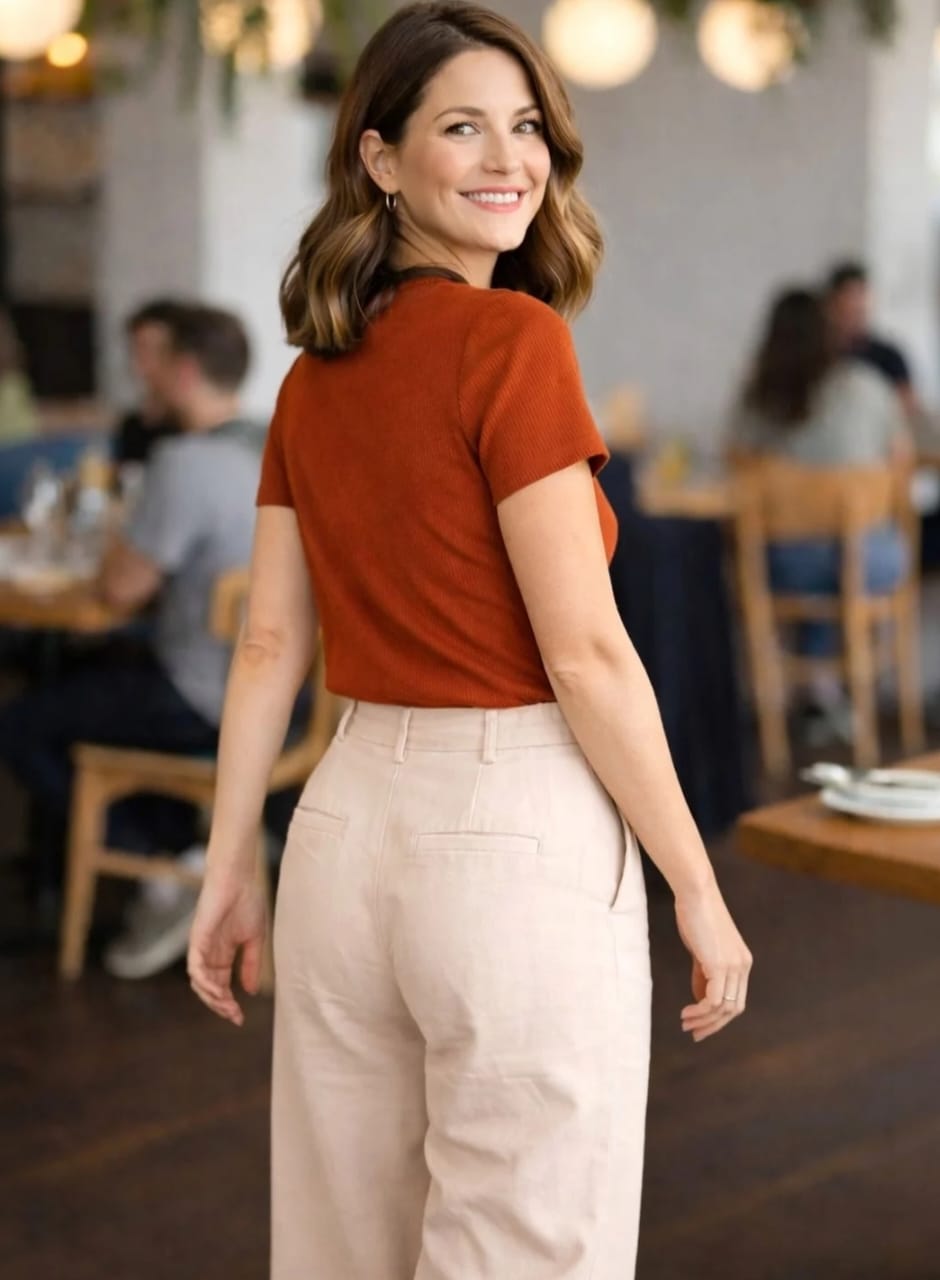 WOMEN'S RUST BROWN RIBBED KNIT KEYHOLE NECK SHORT SLEEVE TOP