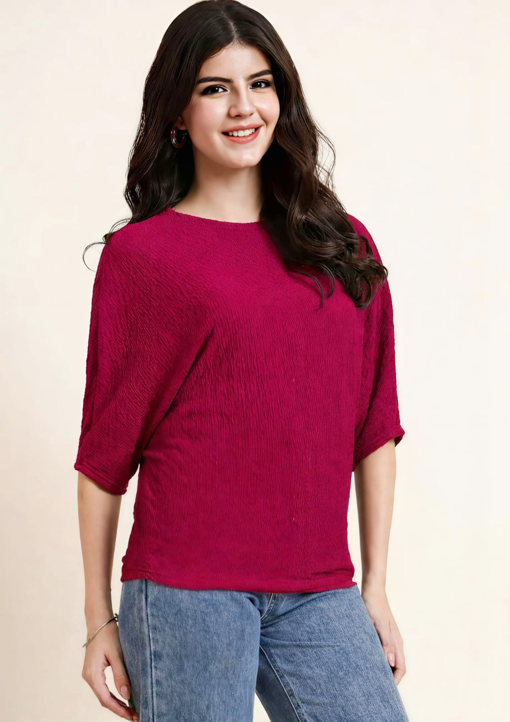 WOMEN'S MAGENTA TEXTURED ROUND NECK BATWING SLEEVE CASUAL TOP