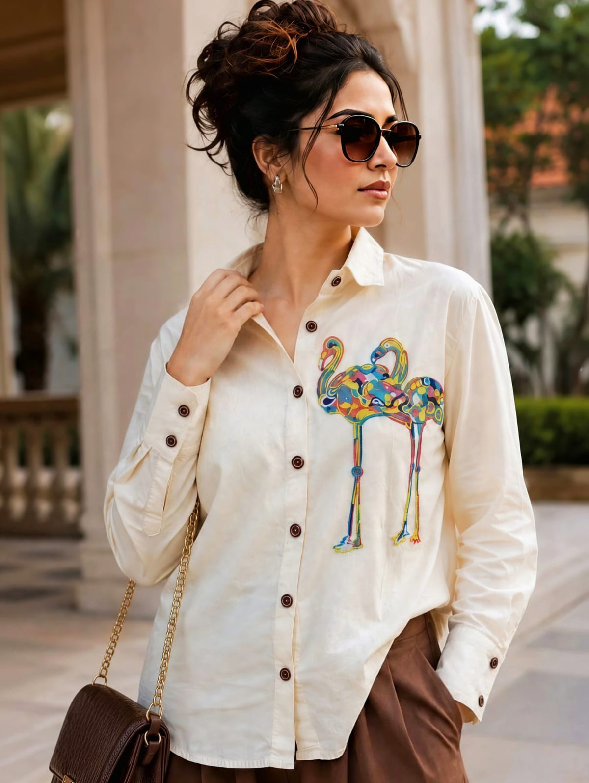WOMEN'S OFF-WHITE COTTON FLAMINGO EMBROIDERY CASUAL SHIRT