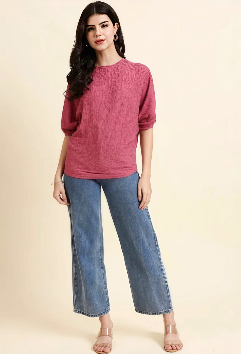 WOMEN'S DUSTY PINK TEXTURED ROUND NECK BATWING SLEEVE CASUAL TOP