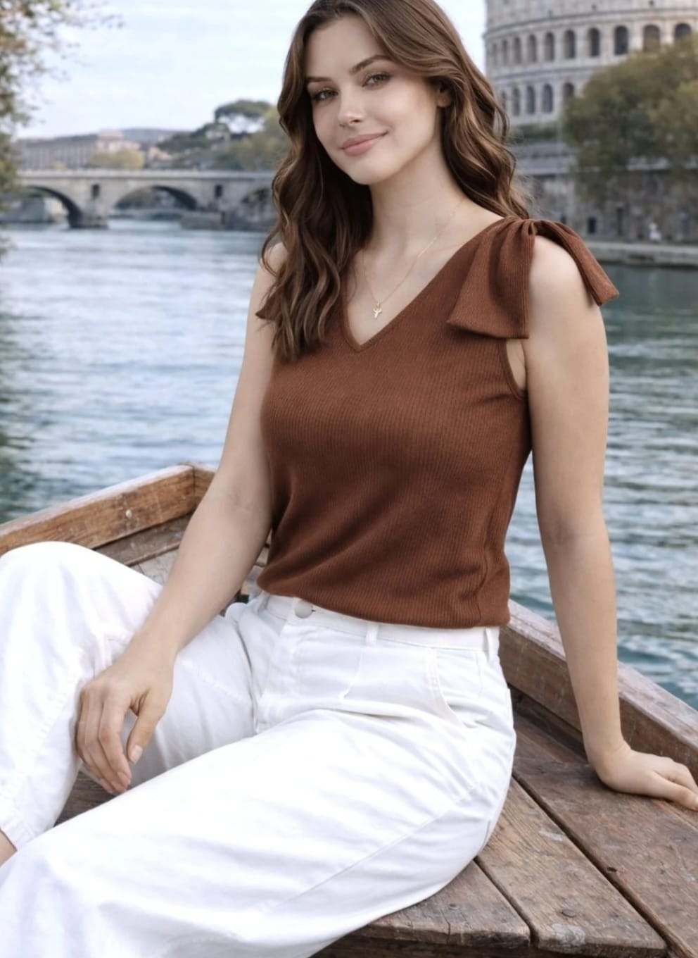 WOMEN'S BROWN RIBBED KNIT SLEEVELESS TOP WITH SHOULDER BOW DETAIL