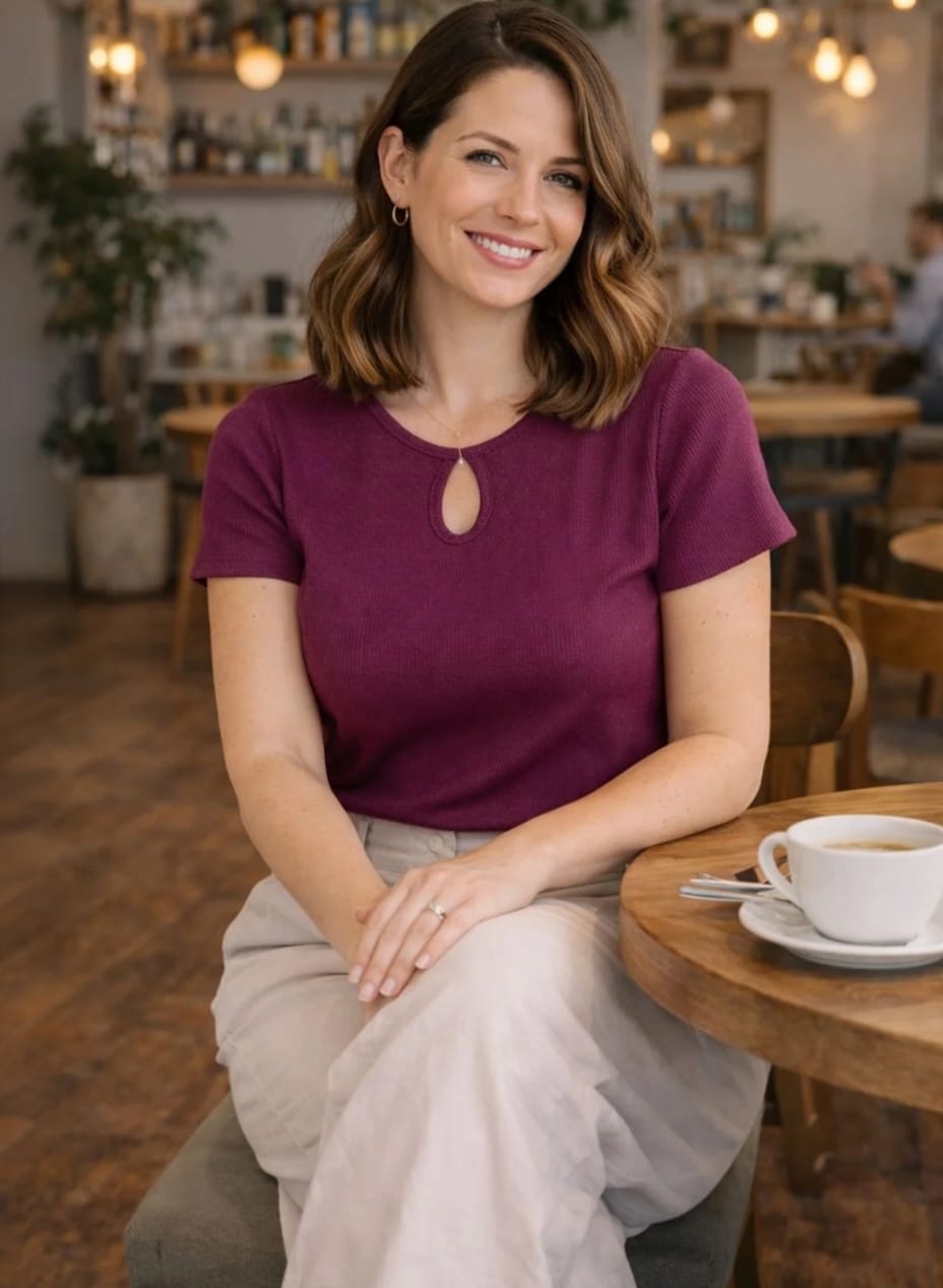 WOMEN'S PLUM RIBBED KNIT KEYHOLE NECK SHORT SLEEVE TOP