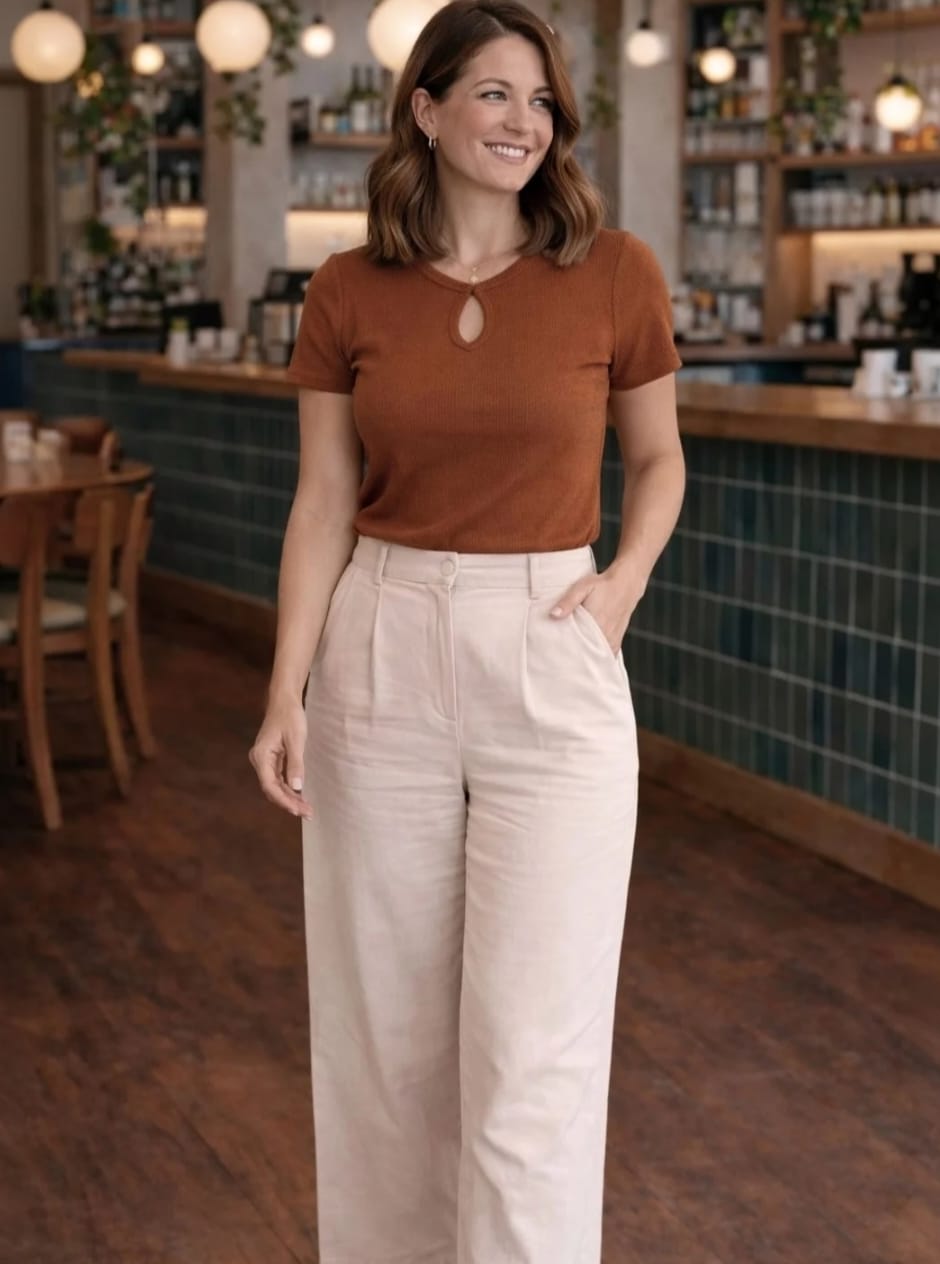 WOMEN'S RUST BROWN RIBBED KNIT KEYHOLE NECK SHORT SLEEVE TOP