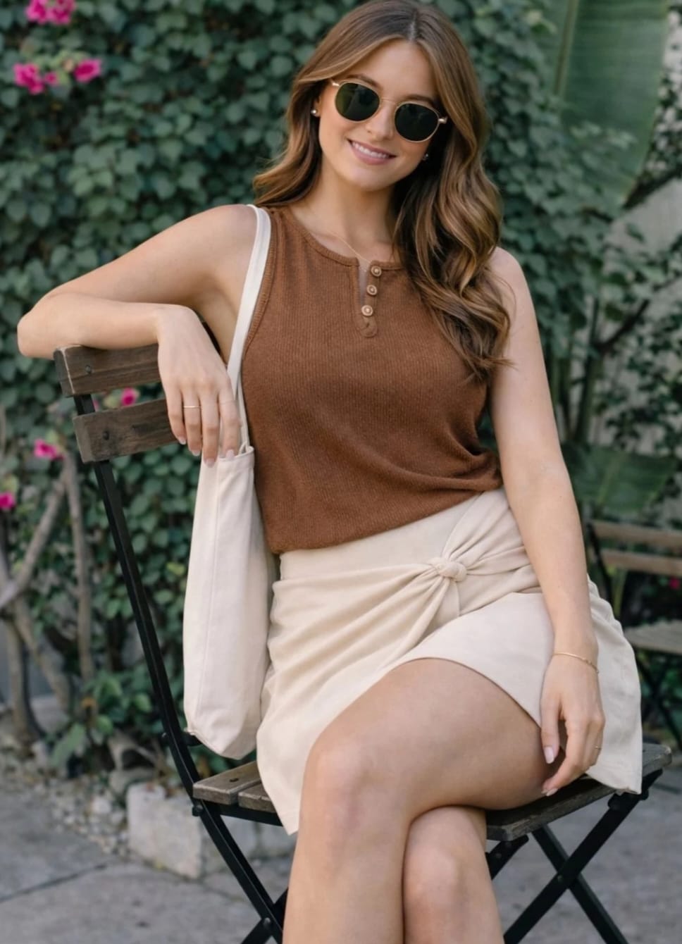 WOMEN'S BROWN RIBBED KNIT BUTTON-FRONT SLEEVELESS TANK TOP