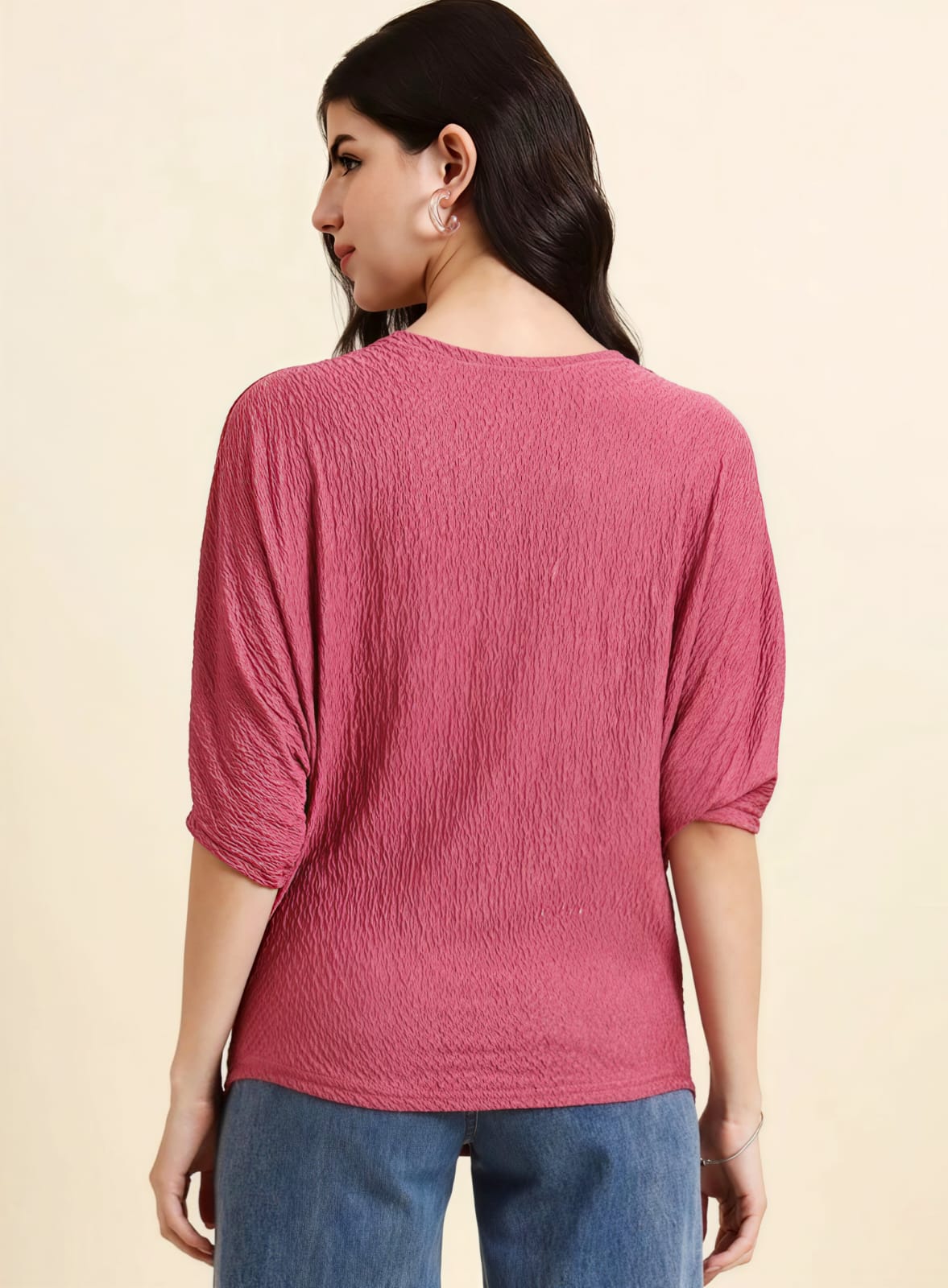 WOMEN'S DUSTY PINK TEXTURED ROUND NECK BATWING SLEEVE CASUAL TOP