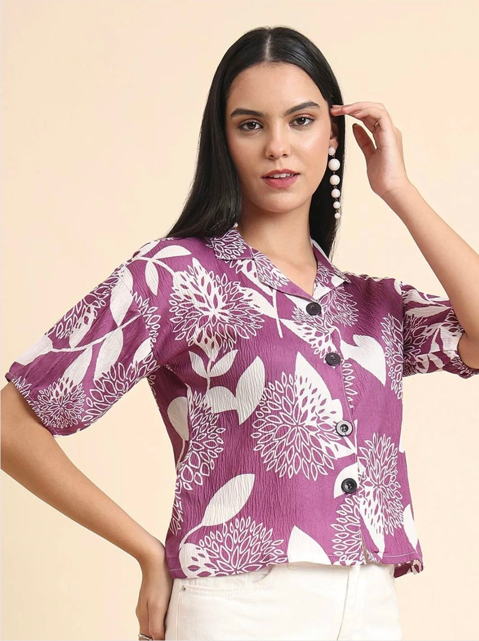 WOMEN'S PURPLE & WHITE FLORAL PRINT LIGHTWEIGHT BUTTON-DOWN SHIRT