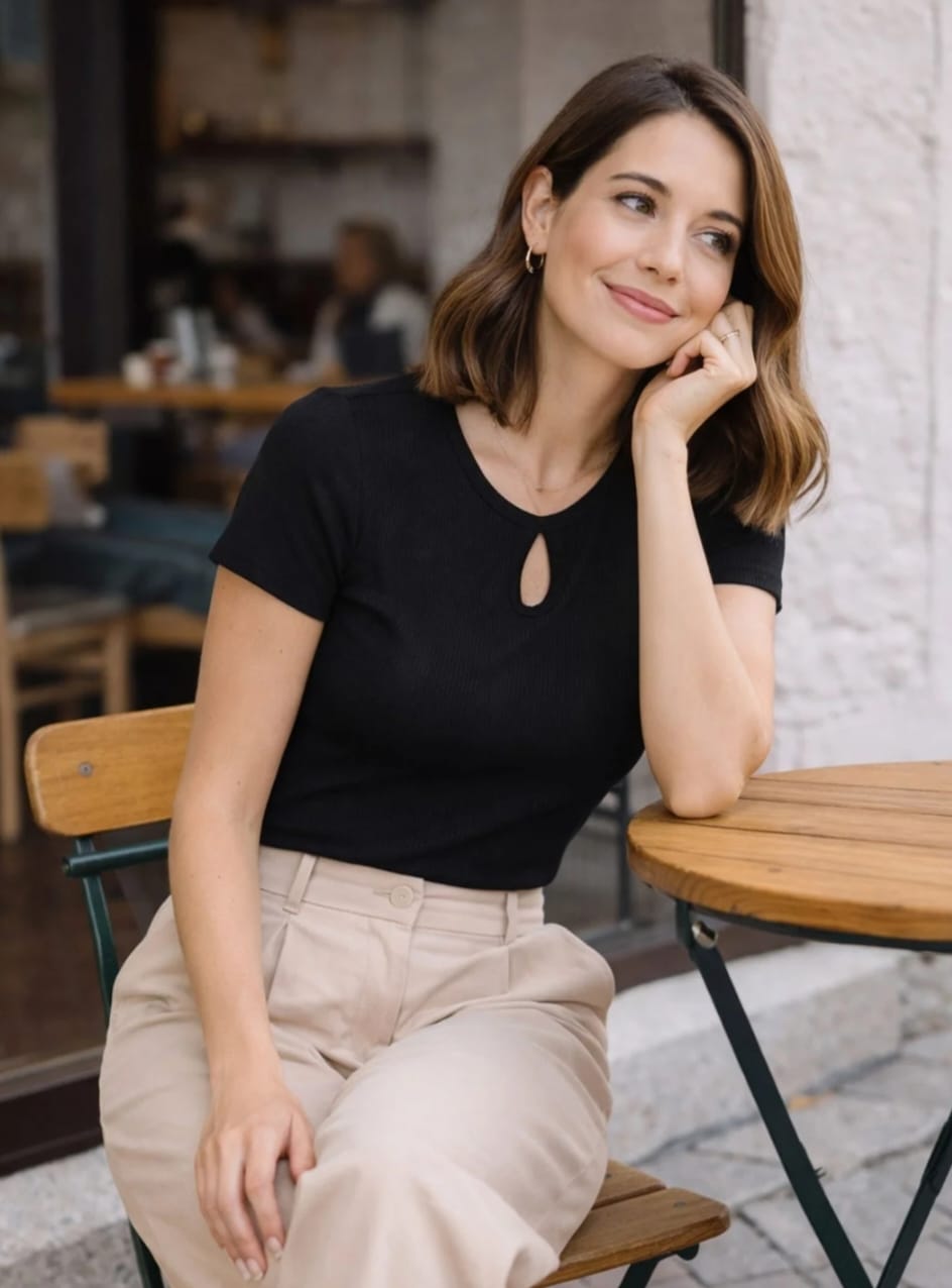 WOMEN'S BLACK RIBBED KNIT KEYHOLE NECK SHORT SLEEVE TOP