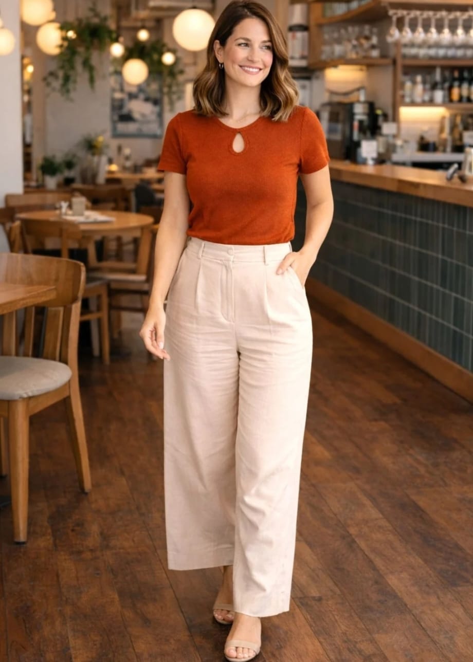 WOMEN'S RUST BROWN RIBBED KNIT KEYHOLE NECK SHORT SLEEVE TOP