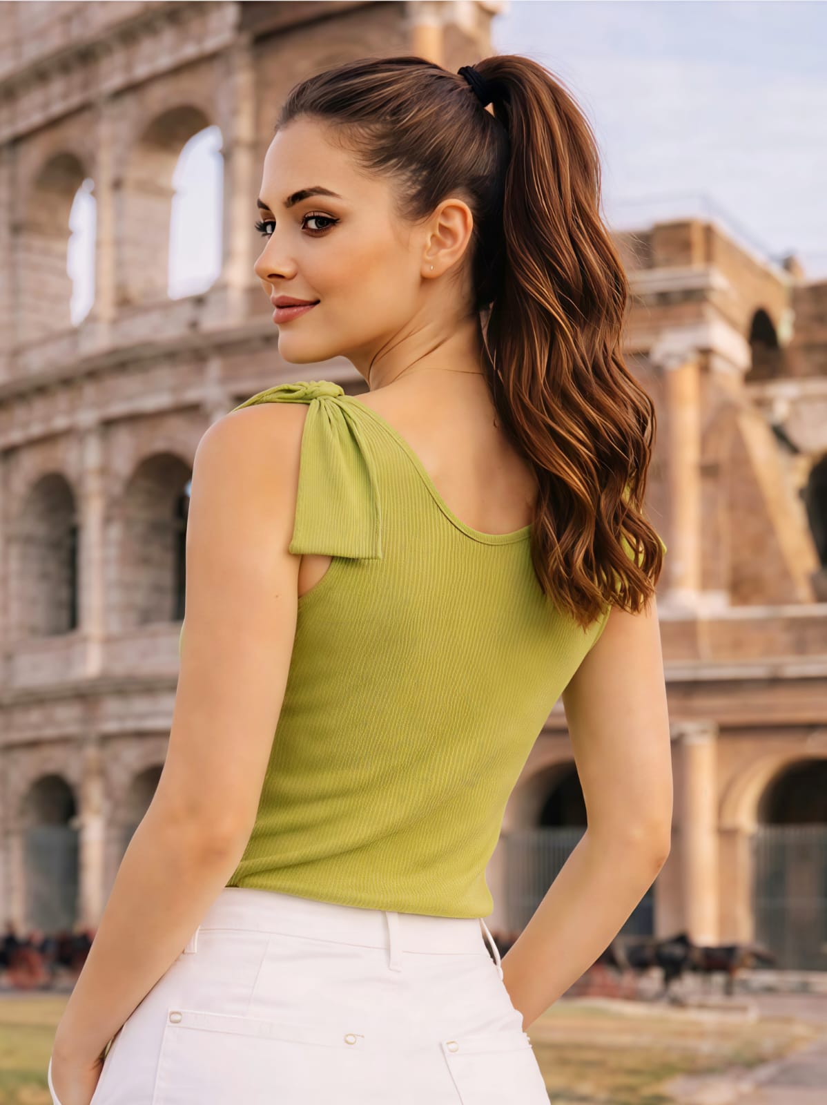 WOMEN'S OLIVE GREEN RIBBED KNIT V-NECK BOW SHOULDER SLEEVELESS TOP