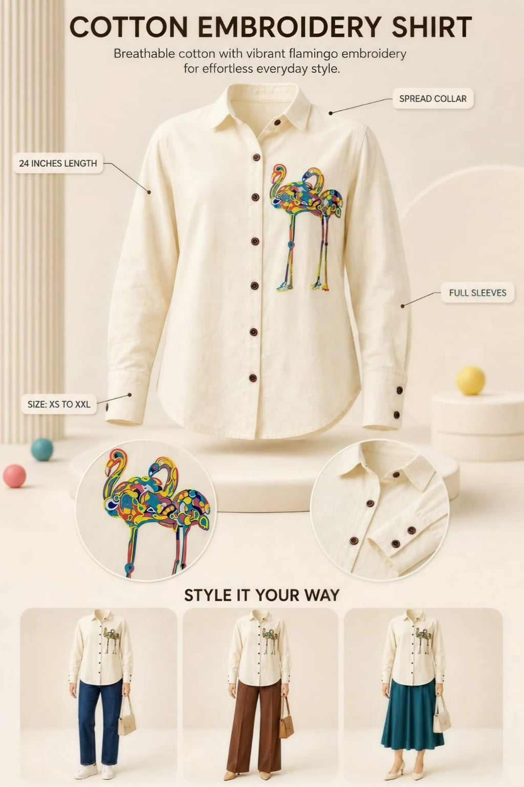 WOMEN'S OFF-WHITE COTTON FLAMINGO EMBROIDERY CASUAL SHIRT