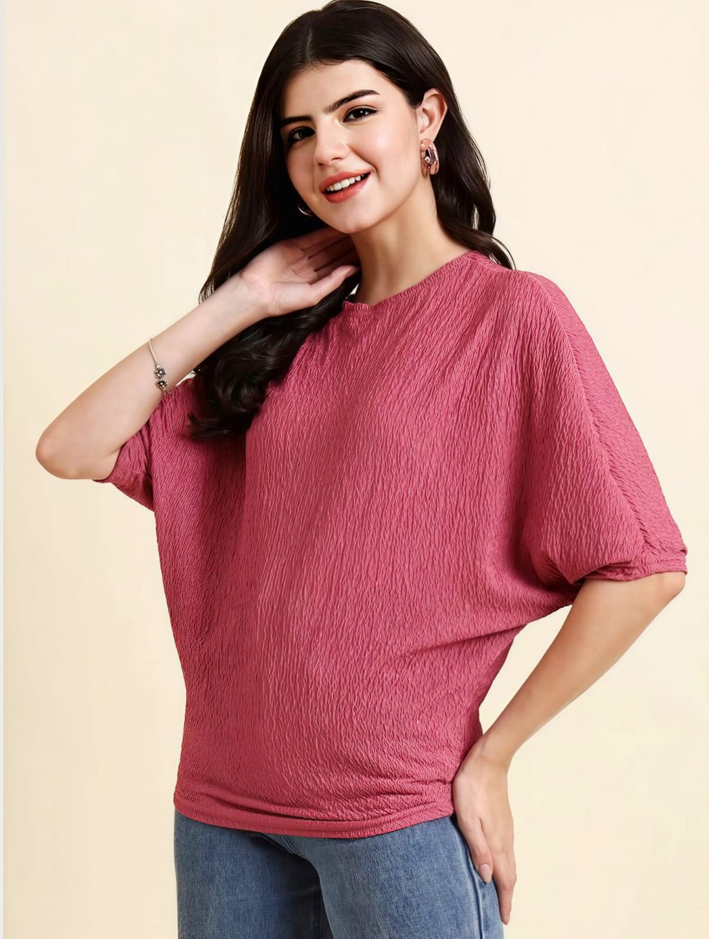 WOMEN'S DUSTY PINK TEXTURED ROUND NECK BATWING SLEEVE CASUAL TOP