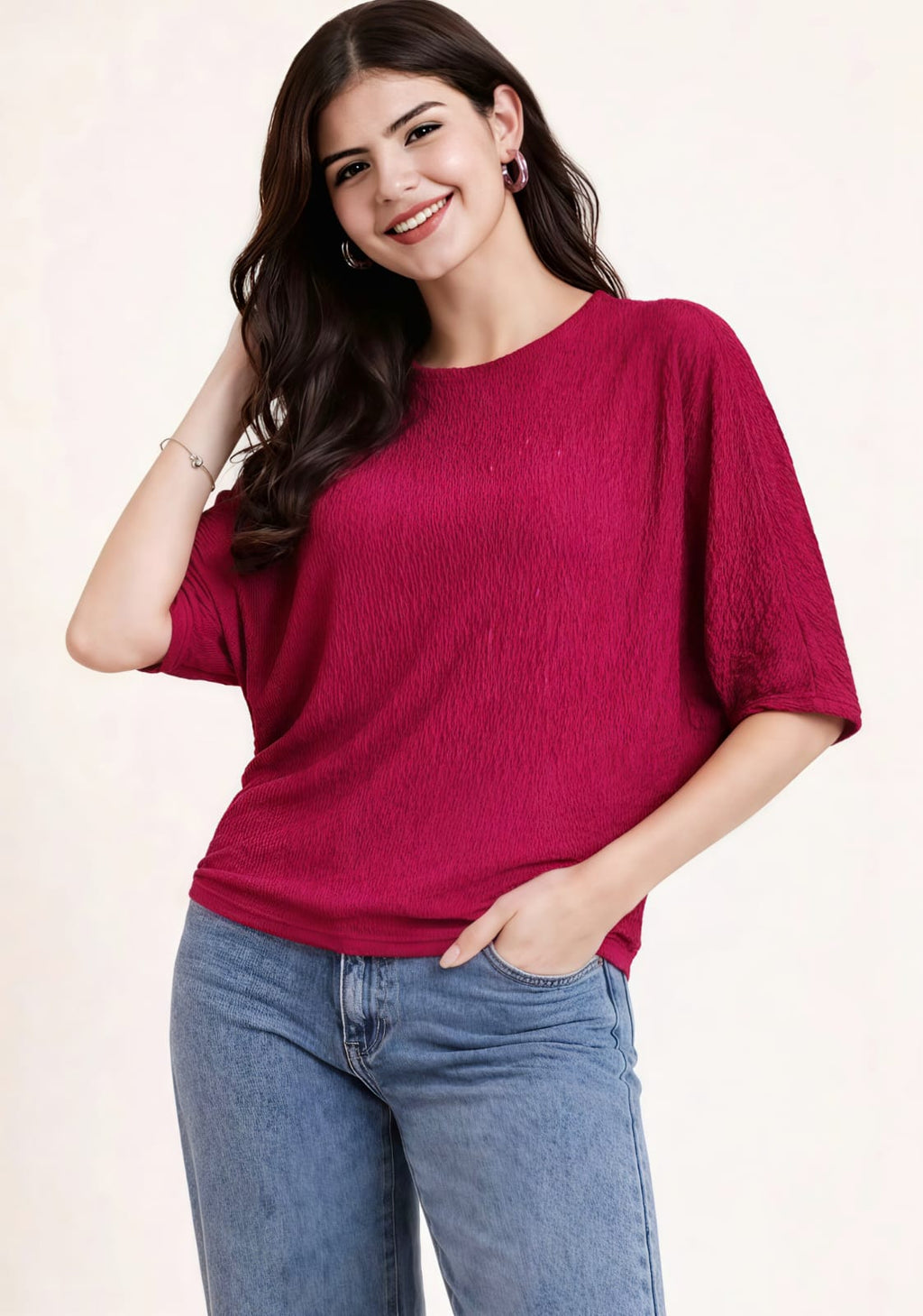 WOMEN'S MAGENTA TEXTURED ROUND NECK BATWING SLEEVE CASUAL TOP