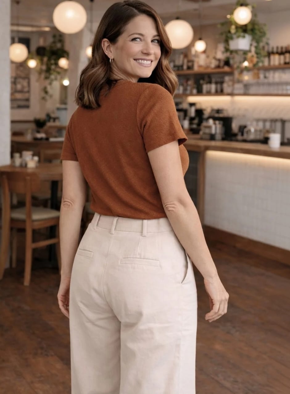 WOMEN'S RUST BROWN RIBBED KNIT KEYHOLE NECK SHORT SLEEVE TOP
