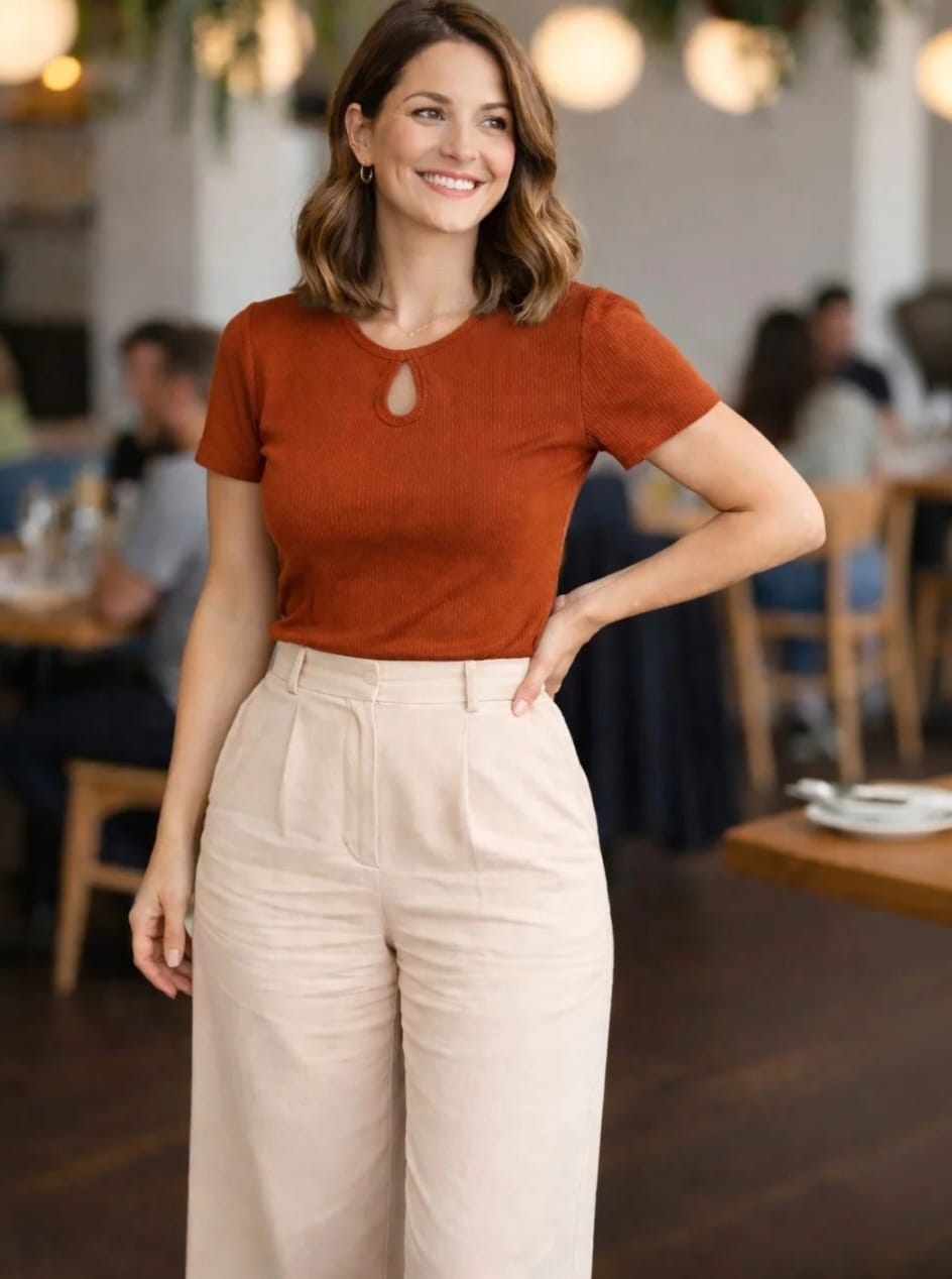 WOMEN'S RUST BROWN RIBBED KNIT KEYHOLE NECK SHORT SLEEVE TOP
