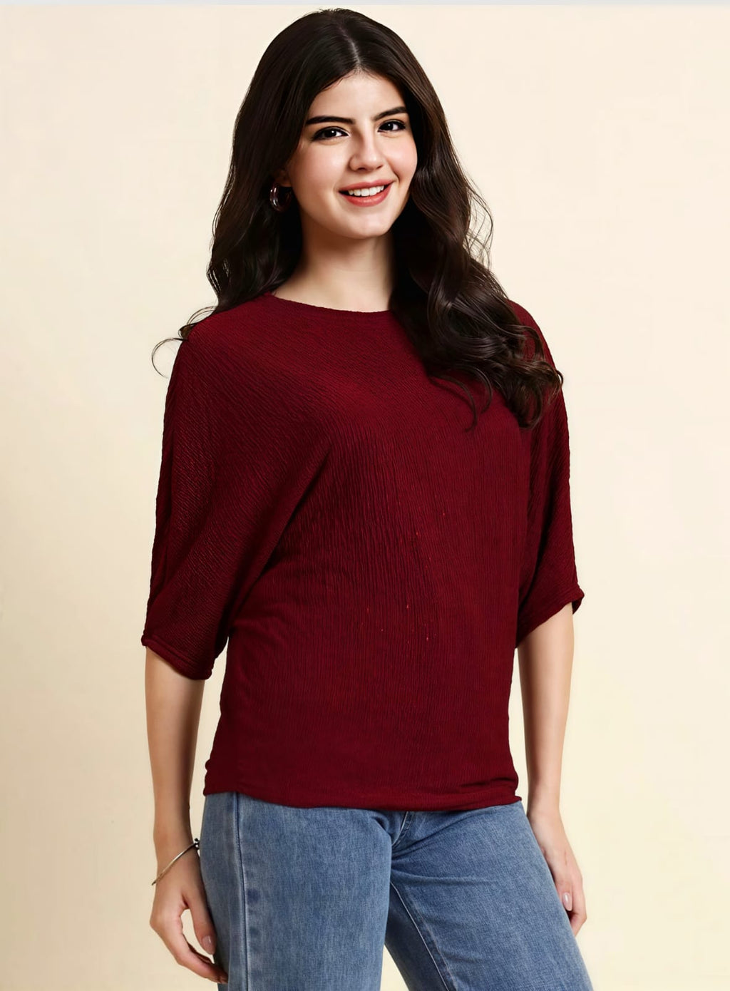 WOMEN'S MAROON TEXTURED ROUND NECK BATWING SLEEVE CASUAL TOP