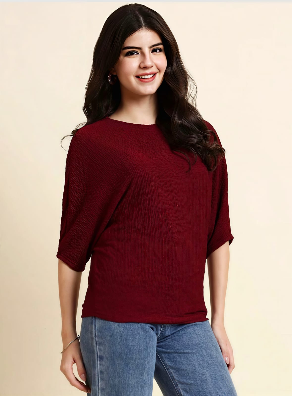 WOMEN'S MAROON TEXTURED ROUND NECK BATWING SLEEVE CASUAL TOP