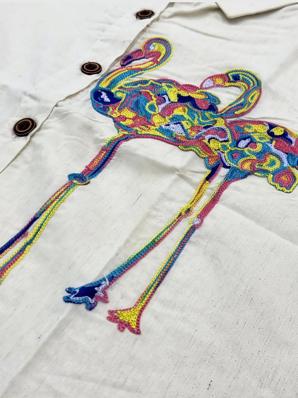 WOMEN'S OFF-WHITE COTTON FLAMINGO EMBROIDERY CASUAL SHIRT