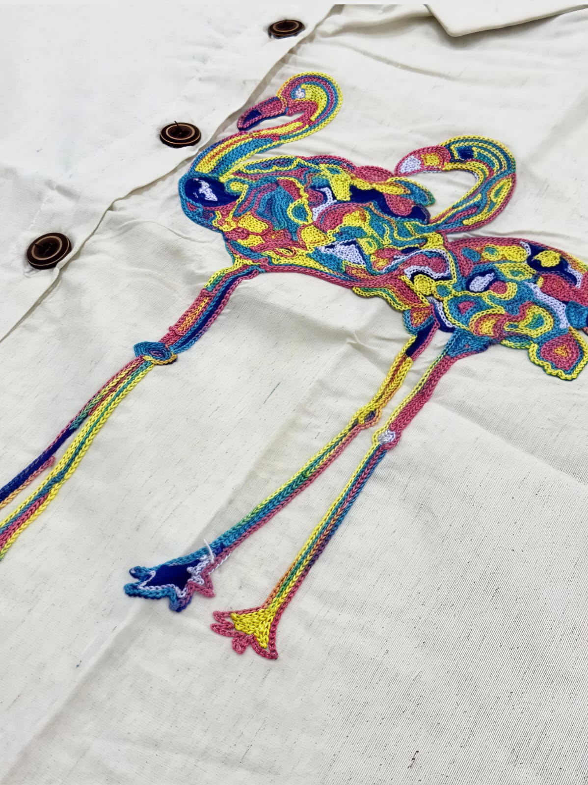 WOMEN'S OFF-WHITE COTTON FLAMINGO EMBROIDERY CASUAL SHIRT