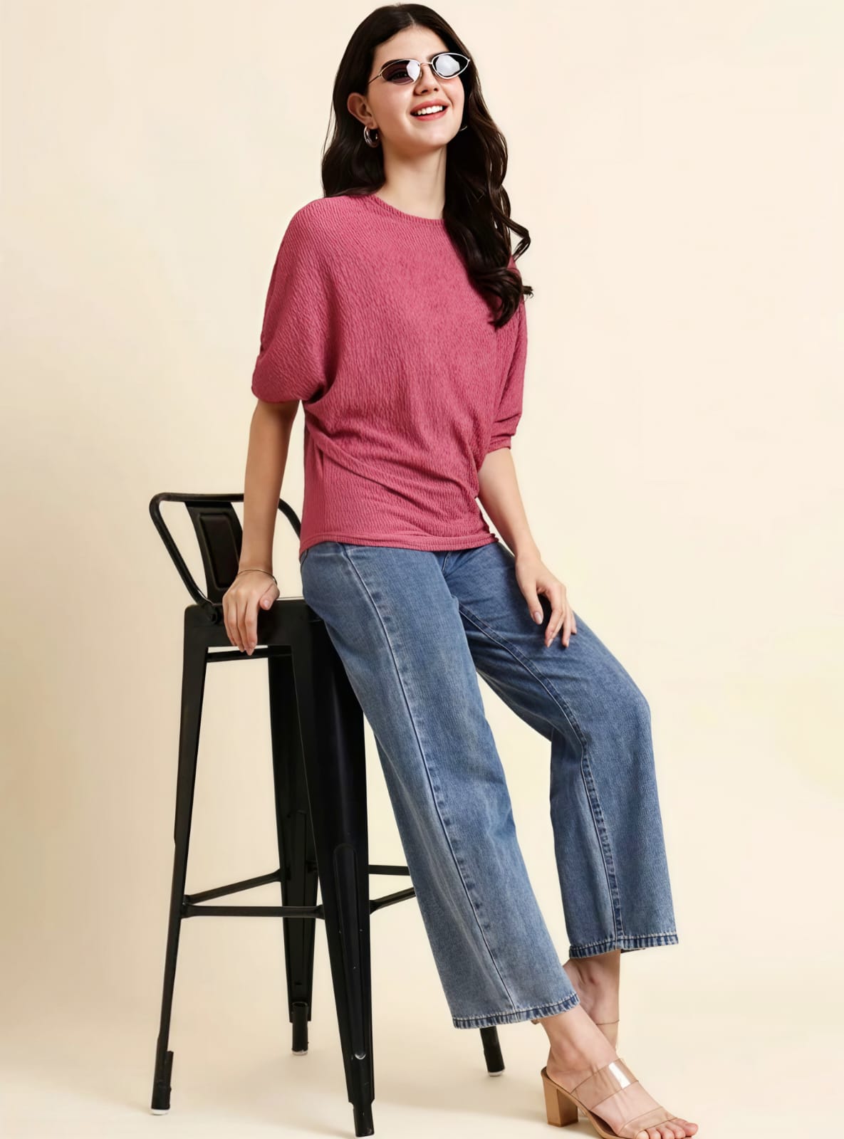 WOMEN'S DUSTY PINK TEXTURED ROUND NECK BATWING SLEEVE CASUAL TOP