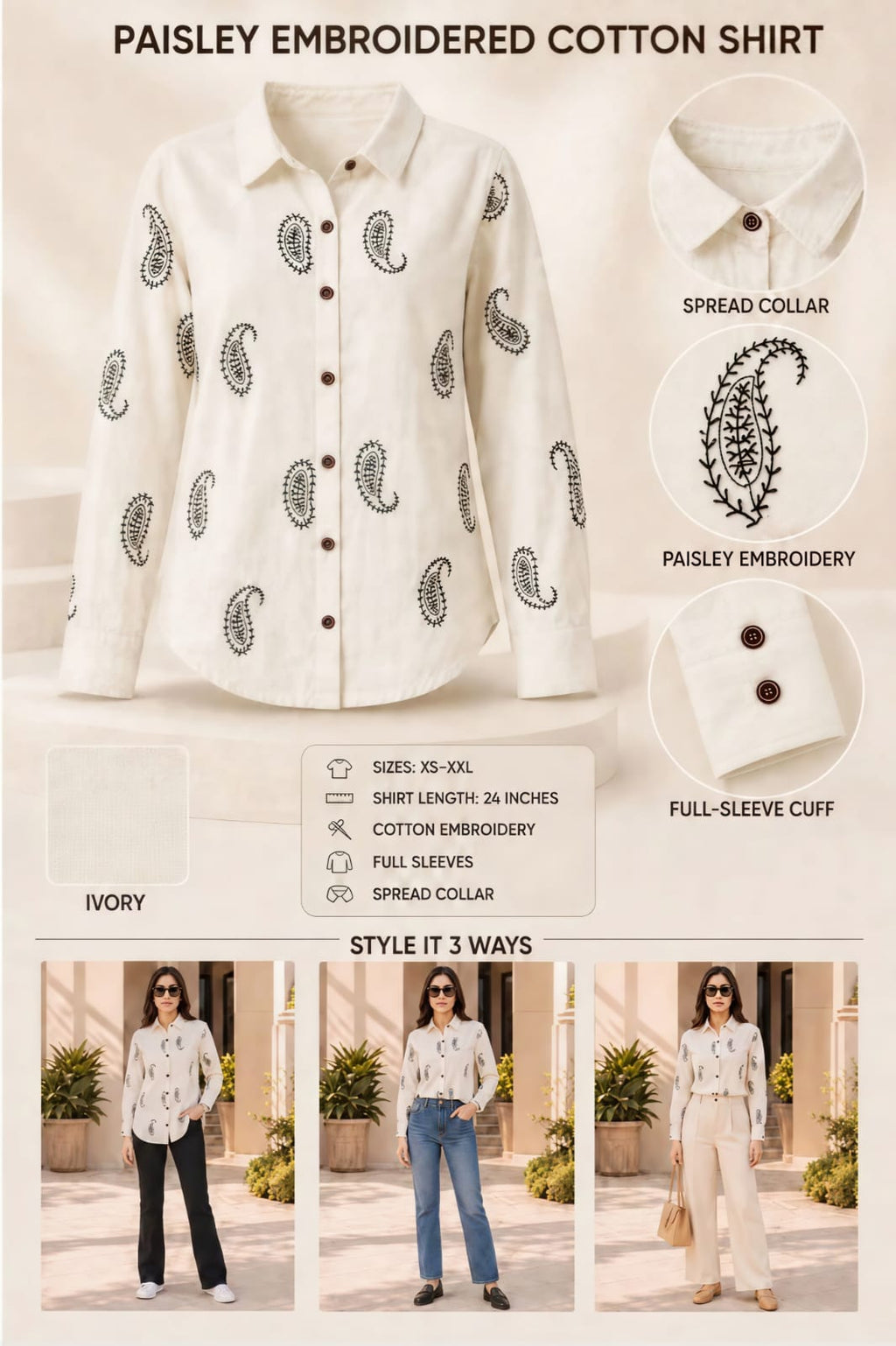 WOMEN'S OFF- WHITE & BLACK PAISLEY PRINT COTTON LONG SLEEVE SHIRT