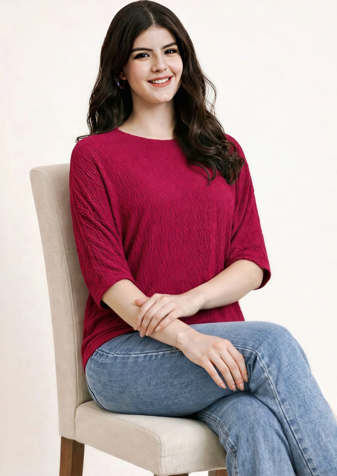 WOMEN'S MAGENTA TEXTURED ROUND NECK BATWING SLEEVE CASUAL TOP