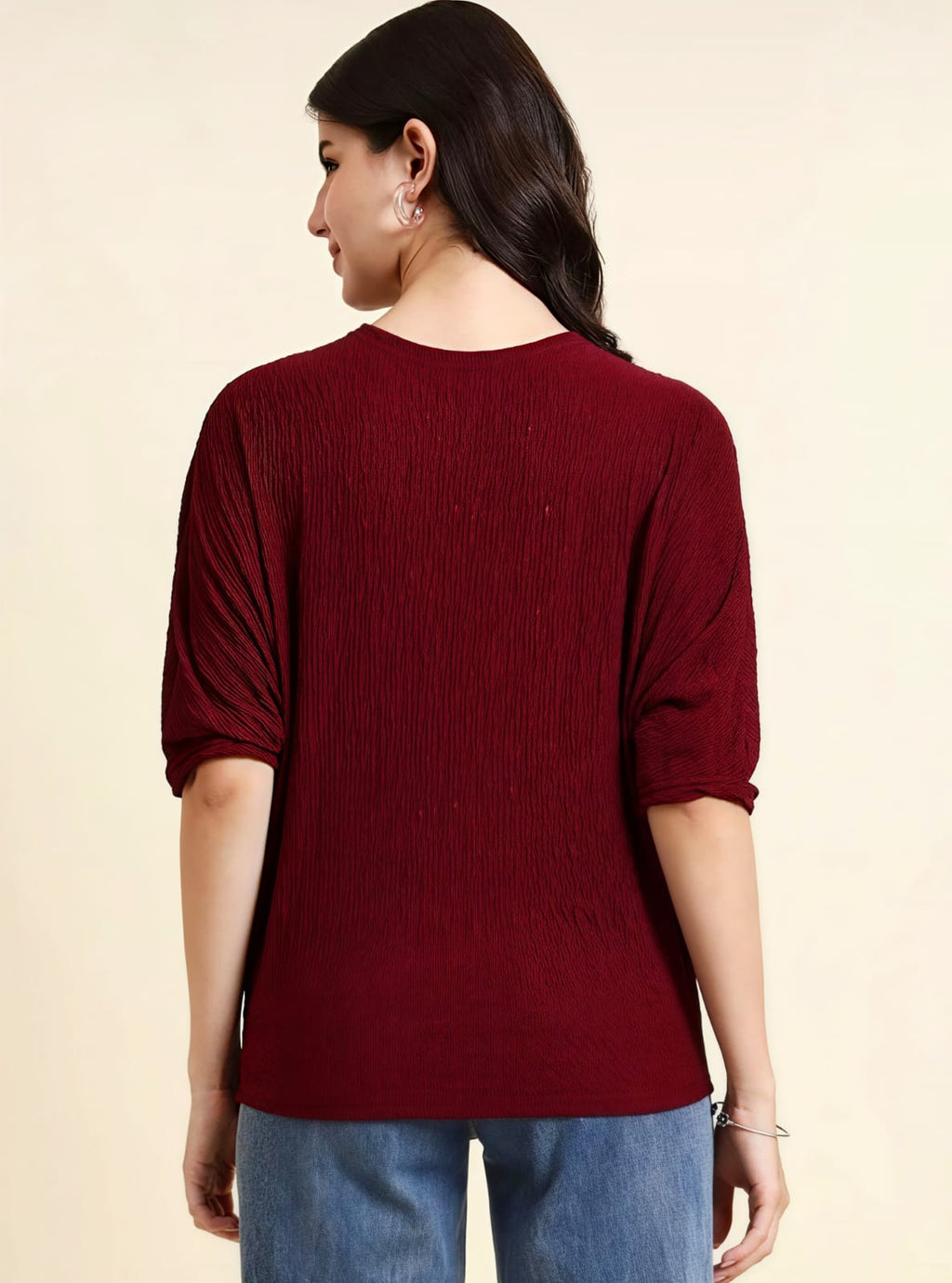 WOMEN'S MAROON TEXTURED ROUND NECK BATWING SLEEVE CASUAL TOP
