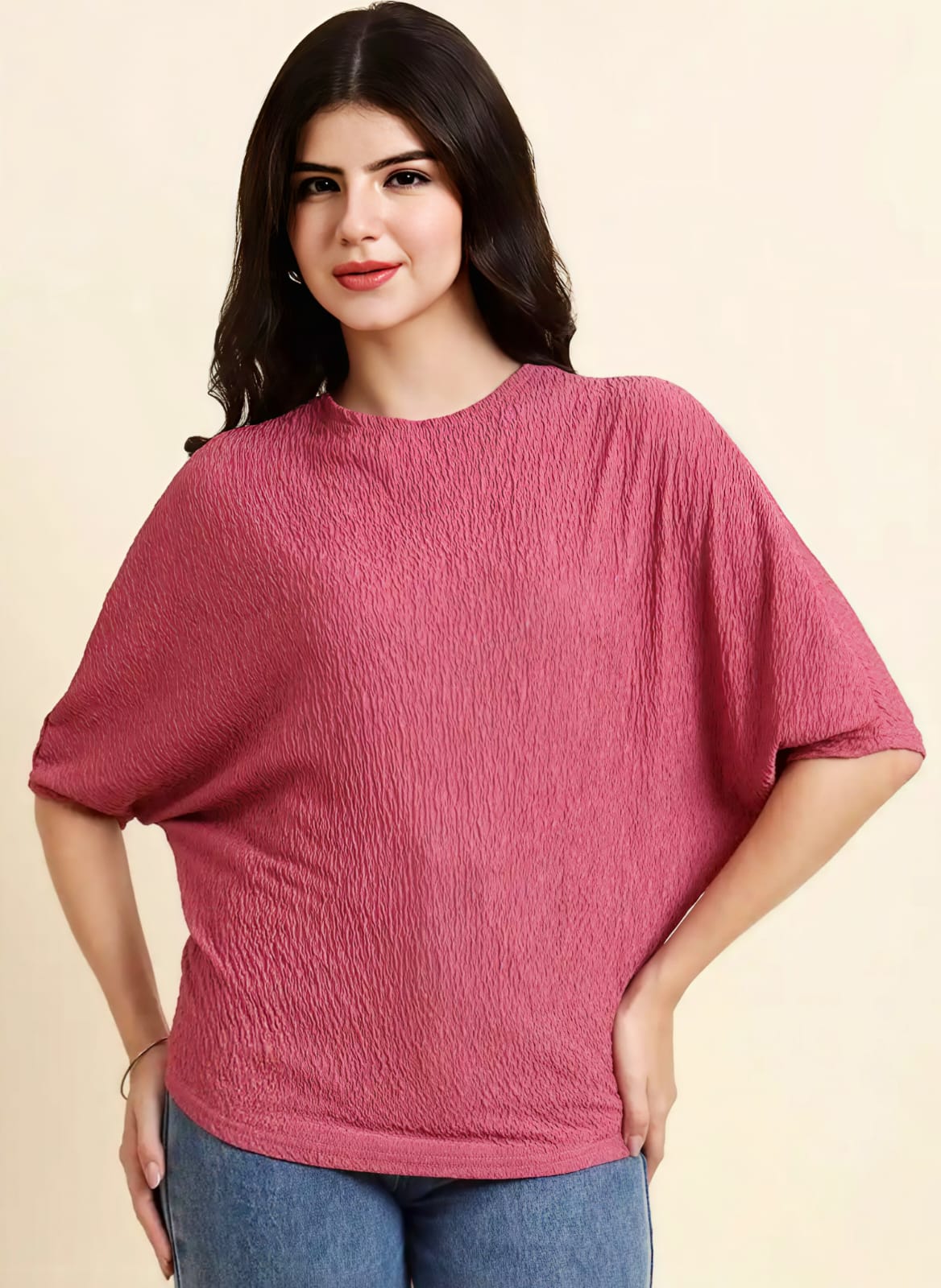 WOMEN'S DUSTY PINK TEXTURED ROUND NECK BATWING SLEEVE CASUAL TOP