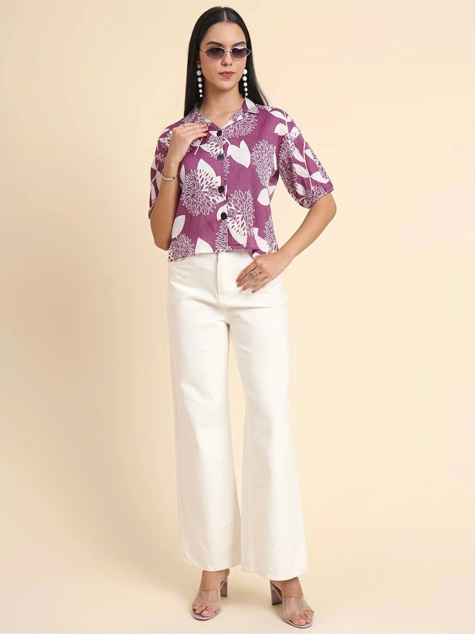 WOMEN'S PURPLE & WHITE FLORAL PRINT LIGHTWEIGHT BUTTON-DOWN SHIRT